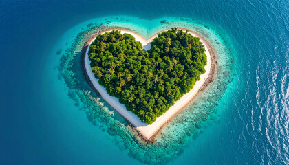 Beautiful heart shaped Island in the middle of a clear blue ocean with exotic vibes 
