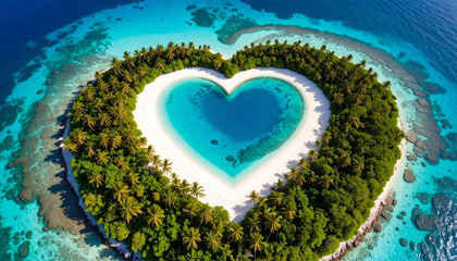 Beautiful heart shaped lake in the middle of a clear blue ocean with exotic vibes surrounded by forest and sand