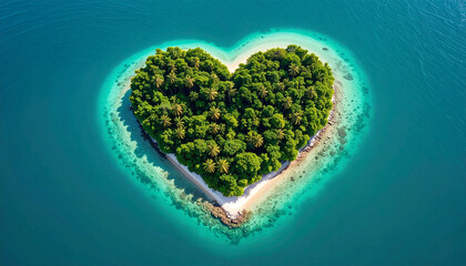 Beautiful heart shaped Island in the middle of a clear blue ocean with exotic vibes 