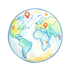 Watercolor illustration of the earth with location pins and dotted travel path lines and a star icon