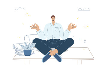Businessman is sitting in a lotus position meditating peacefully on her desk with documents, Stress management, Mindfulness at work. Concept of work-life balance, Flat vector illustration.