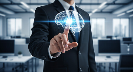 Businessman Activating Digital Brain Concept in Modern Office