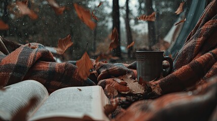 A book lies open on the blanket