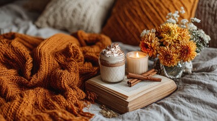 A book, an open coffee cup with hot chocolate inside