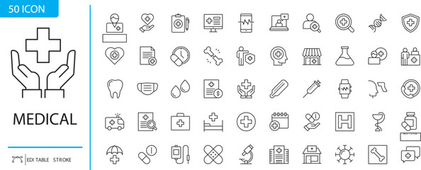 Medical Icon Array: An extensive collection of precisely crafted medical icons, elegantly rendered in a clean, simple design.