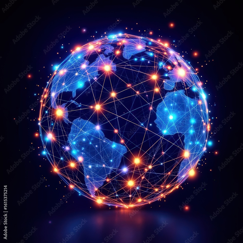 Poster a glowing globe showing continents connected by lines and glowing dots on a dark background