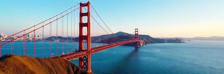 Obraz premium Iconic Golden Gate Bridge soaring over the San Francisco Bay, majestic suspension bridge structure, vibrant orange against a clear sky, stunning cityscape vista , California, cityscape, city
