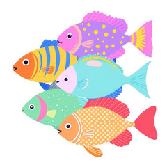 Fototapeta premium A group of cartoon fish with different colors and patterns swimming together on a black background