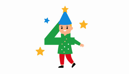 Cartoon character dressed as number four, celebrating a birthday.