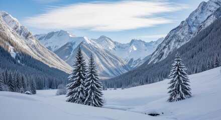 Fototapeta premium Snow Covered Alpine Valley with Majestic Mountains and Evergreen Trees