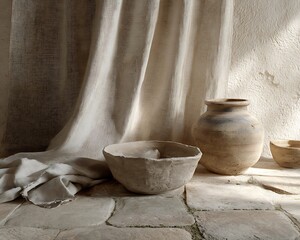 Subtle rustic harmony of stone floor aged pottery and sheer linen fabric