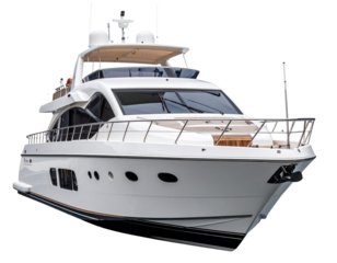 Angled Front View of Modern White Yacht with Upper Deck, Transparent Cutout PNG