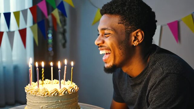 AI Generative Young man blowing out candles on cake, happy birthday celebration