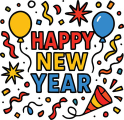 Happy new year flat vector icon of stylish typography with elements illustration for sticker, logo, book, t-shirt and more print or digital design