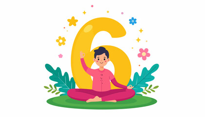 Smiling boy in yoga pose, surrounded by flowers and number six.
