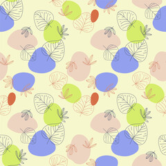 Modern botanical seamless pattern featuring hand drawn linear leaves over abstract colorful blobs. Perfect for textile design wallpaper packaging and natural themed projects. 