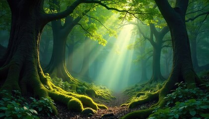 Obraz premium Majestic ancient forest, sunlight dappling through leaves onto a mossy forest floor, creating a magical atmosphere Perfect for nature, environmental, and fantasy themes , calm, leaves