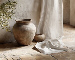 Subtle rustic harmony of stone floor aged pottery and sheer linen fabric