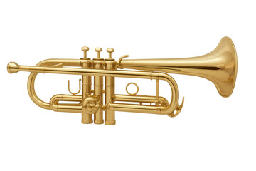 Obraz premium Golden trumpet lying sideways against transparent backdrop, gleaming with musical potential and jazzy sophistication