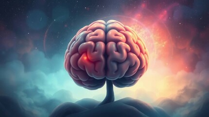 Ethereal illustration of a brain tree blossoming in a cosmic nebula sky