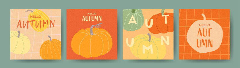 Set of trendy autumn greeting cards, posters, covers with colorful pumpkins. Autumn posters for harvest, thanksgiving, hello autumn. Template for advertising, social media and seasonal decor