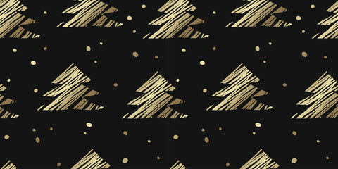 Golden sketch Christmas tree seamless pattern on black background. Elegant festive pattern for luxury holiday wrapping, branding, and decorations