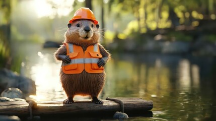 Realistic beaver in orange vest and hard hat stands by dam in sunlit riverside setting.

