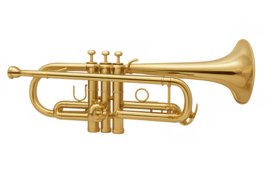 Golden trumpet lying sideways against transparent backdrop, gleaming with musical potential and jazzy sophistication - Powered by Adobe