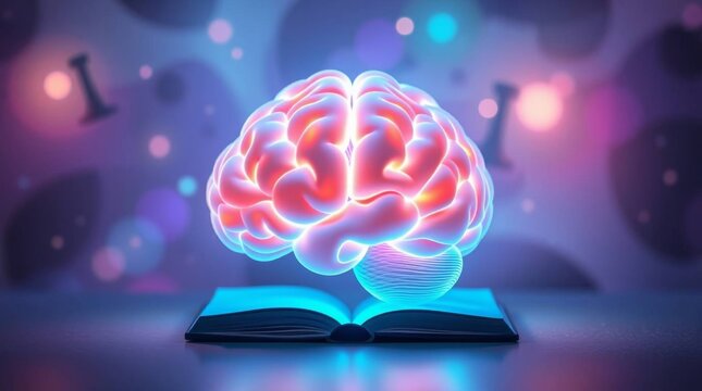 A luminous brain hovers over an open book, conceptualizing learning, intelligence, and education.