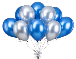 Blue and Silver Foil Balloons Tied with Ribbon, Diagonal Composition Isolated on Transparent Background