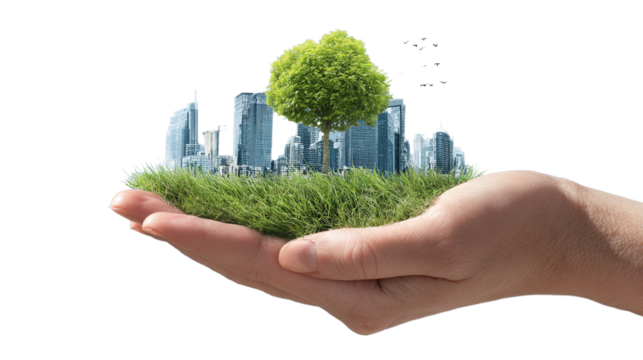 Sustainable urban development concept with a city and nature held in a hand