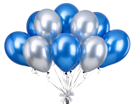Blue and Silver Foil Balloons Tied with Ribbon, Diagonal Composition Isolated on Transparent Background