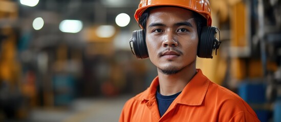 Factory Worker Wearing Protective Gear in Industrial Setting