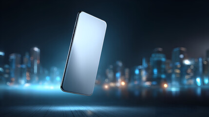 Phone floats above urban floor buildings blur in the background
