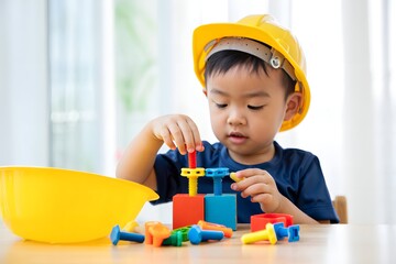 Portrait asian Boy 2.6 years old Playing toys.To learn and enhance development, little architect.