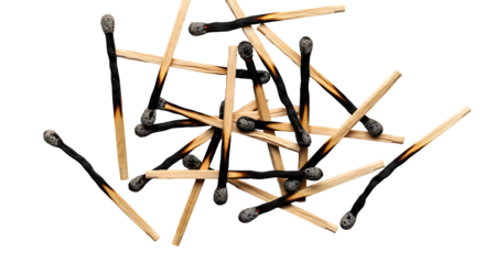 Pile of Burnt Matchsticks with Blackened Tips, Isolated on Transparent Background