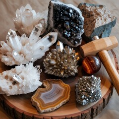 Natural Crystals and Minerals on Dark Wooden Surface