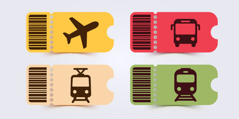 Vintage ticket for bus, plane, ship and train icon set. Travel tickets for transport with barcode. Vector illustration. © hobbitfoot