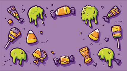 Spooky Halloween candy and green slime border illustration. Fun trick or treat concept with copy space for text.