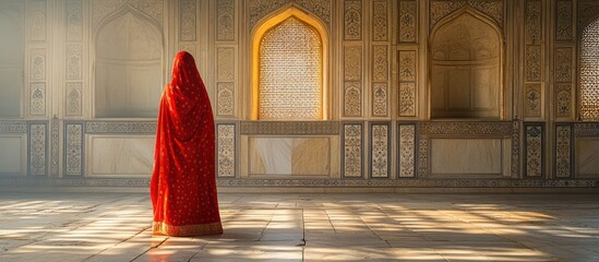 Woman in Red Sari in Ornate Room
