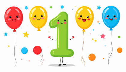 Cute Cartoon Number One with Balloons for First Birthday Celebration