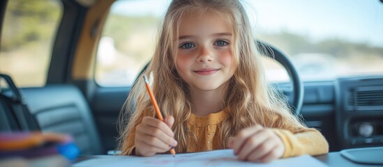 Girl Drawing with Pencil in Vehicle