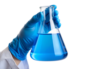 Close-Up of Scientist Hand Holding Glass Flask with Blue Chemical Solution, Isolated PNG