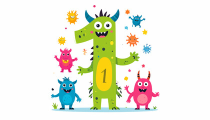 Naklejka premium Playful Monster One: First Birthday Cartoon Illustration