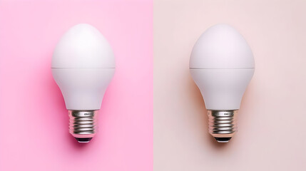 Two identical light bulbs, one on pink, the other on beige background.  Both are white, oval-shaped with screw-in bases