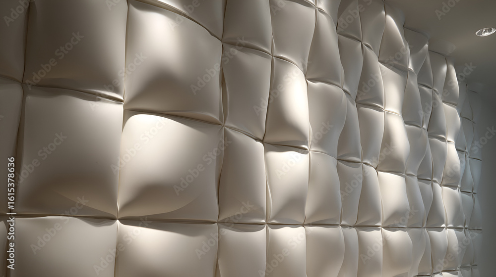 Poster white padded square wall panels create an abstract texture with light and shadow play