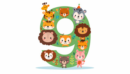 Number Nine with Cute Animal Faces for Children's Birthday
