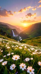 Fototapeta premium Bathed in divine gold, a silent valley of white blossoms breathes in rhythm with the wind — serenity incarnate beneath celestial skies, where dreams fall like petals into tranquil light.