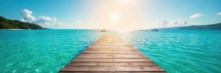 Naklejka premium Sun-drenched dock extending over calm, turquoise water Perfect summer day at the lake or ocean Ideal for travel, vacation, and relaxation imagery , ocean, lake