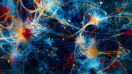 Abstract network of vibrant colors, intricate strands, and splatters of paint, swirling across a dark backdrop.  Intricate patterns of energy, like a cosmic network